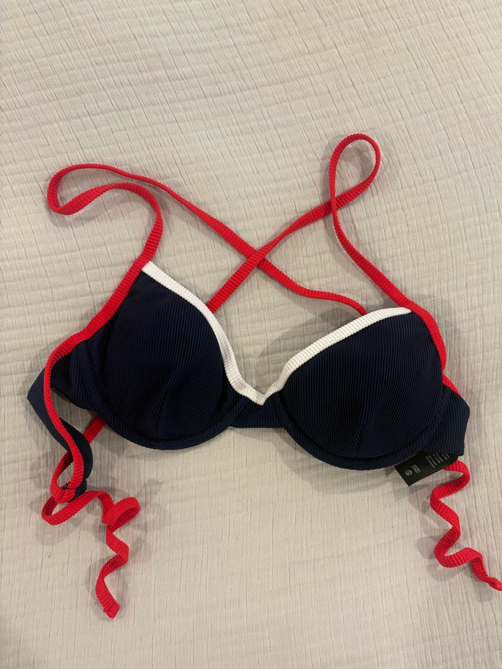 Beach Riot Navy Bikini Top with Red Straps and White Trim
